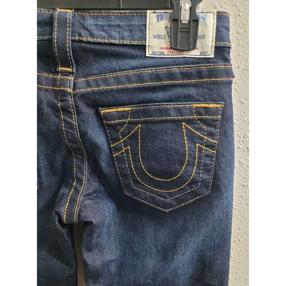 True Religion Straight Jeans -Red Orange Stitch-Lonestar Dark -Size 25- NWT $189 - Picture 11 of 13